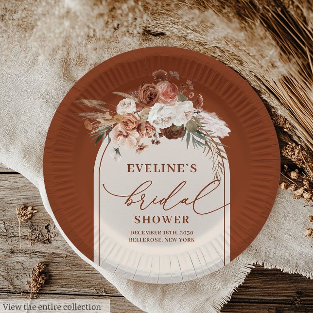 Assiettes en papier floral Herbe de la Pampa Rouil (Romantic Rust Pampas Grass Floral Paper Plates)