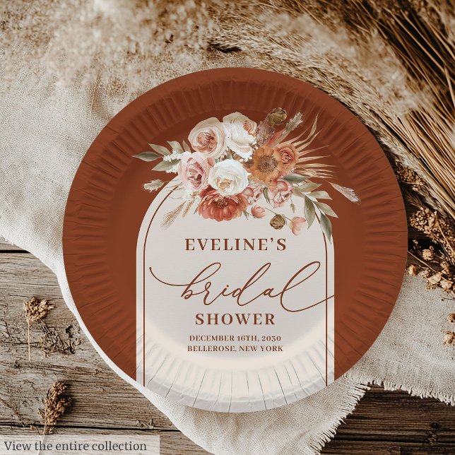 Assiettes en papier floral Herbe des Pampas en Ter (Modern Terracotta Pampas Grass Floral Paper Plates)