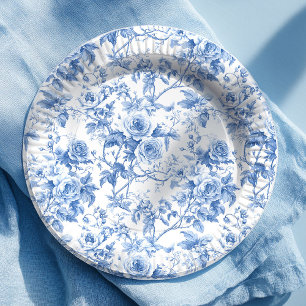 Assiettes en papier floral roses Toile de Jouy ble