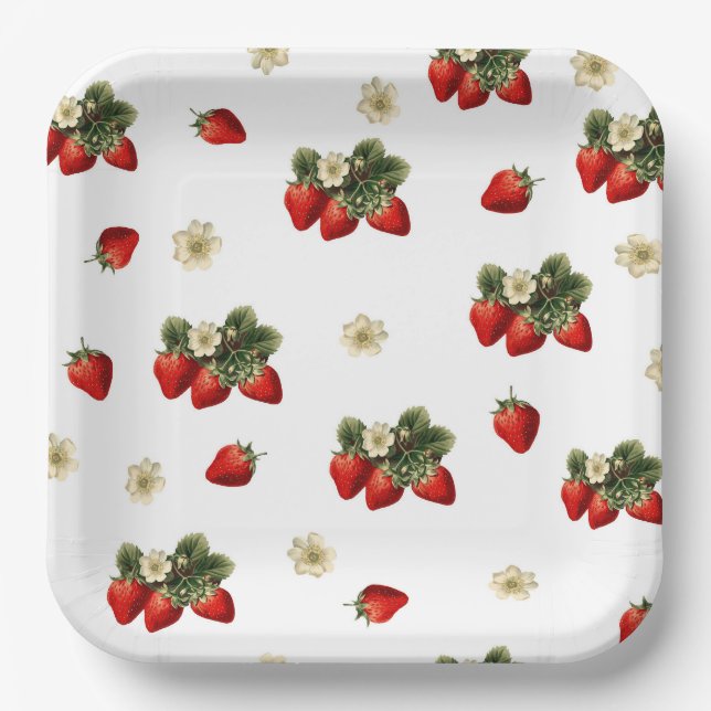 Assiettes en papier fraise avec fleurs sur fond bl (Recto)