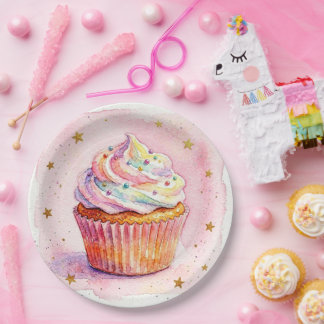 Assiettes en papier gâteau cupcake aquarelle color