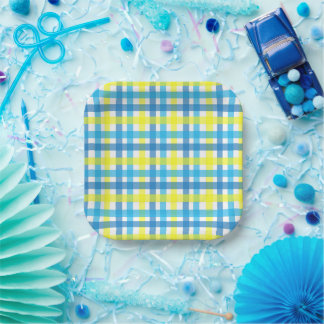 Assiettes en papier Gingham bleu et jaune pour fêt