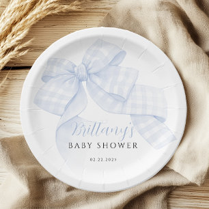 Assiettes en papier Gingham Blue Bow Baby Shower