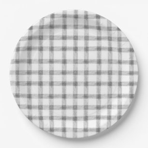 Assiettes en papier grand format Gingham gris eau-