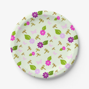 Assiettes en papier libellule jardin de fleurs vai