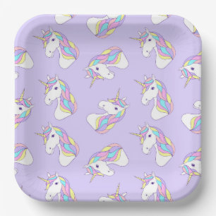 Assiettes en papier Licorne, fête violette mythiqu
