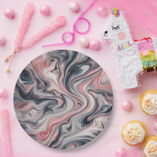 Assiettes en papier marbré liquide gris, rose et b