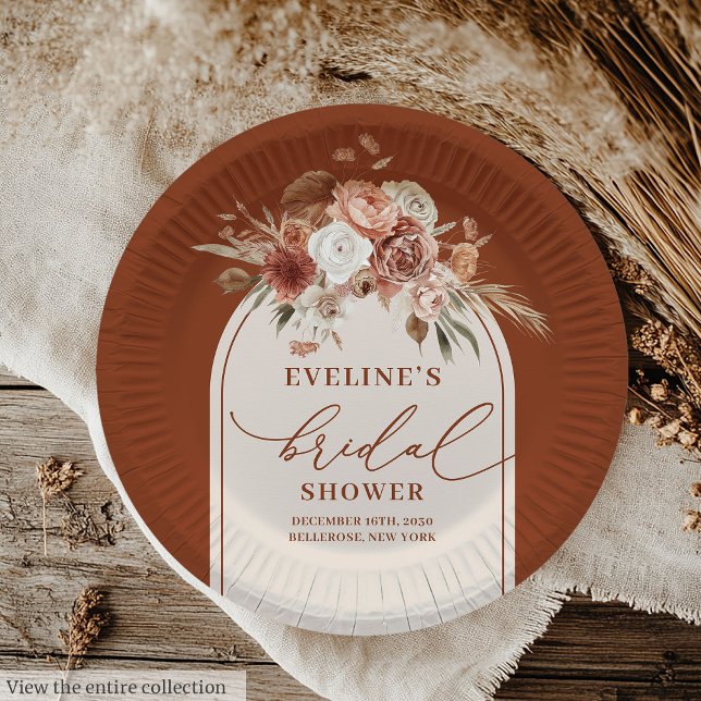 Assiettes en papier mariage bohème Copper Chic her (Chic Copper Pampas Grass Boho Bridal Paper Plates)