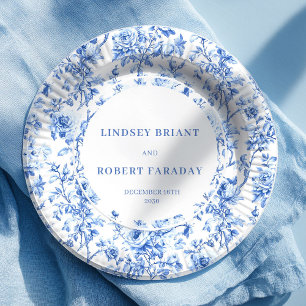 Assiettes en papier mariage fleurs bleu poussiéreu