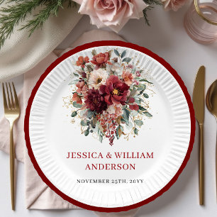 Assiettes en papier mariage floral bordeaux automn