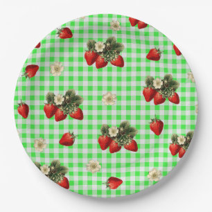 Assiettes en papier mignon gingham vert et fraise