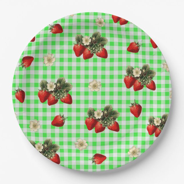 Assiettes en papier mignon gingham vert et fraise (Devant)