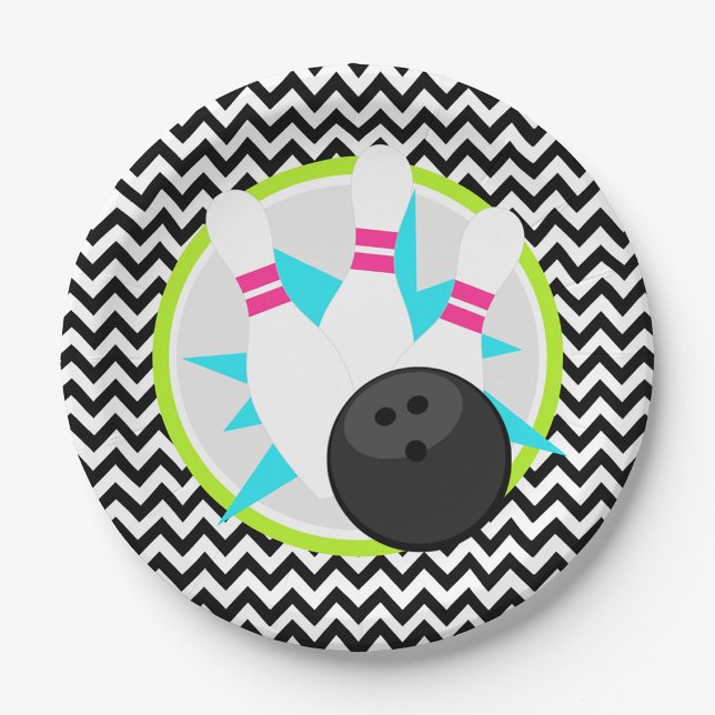 Assiettes en papier néon Chevron Bowling (Neon Chevron Bowling Paper Plates)