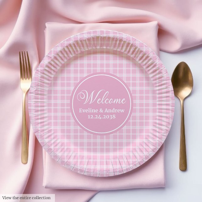 Assiettes en papier pour anniversaire à carreaux r (Birthday Paper Plates Pink Plaid Minimalist Design)