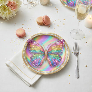 Assiettes en papier pour fête papillon pailleté ar