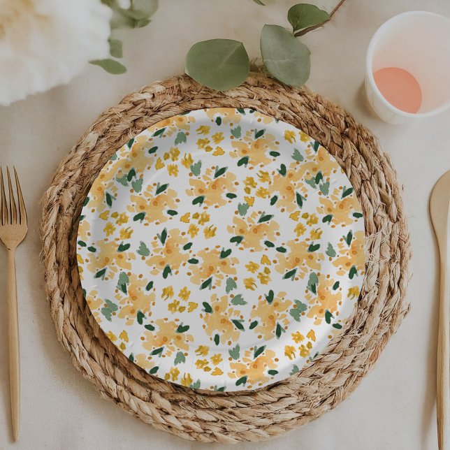 Assiettes en papier pour jardin floral aquarelle j (Yellow watercolor floral garden baby or bridal shower paper plates.)
