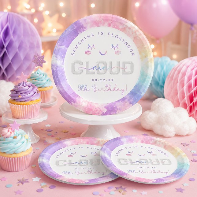Assiettes en papier pour le 9e anniversaire de Clo (Cloud-themed birthday celebration paper plates)