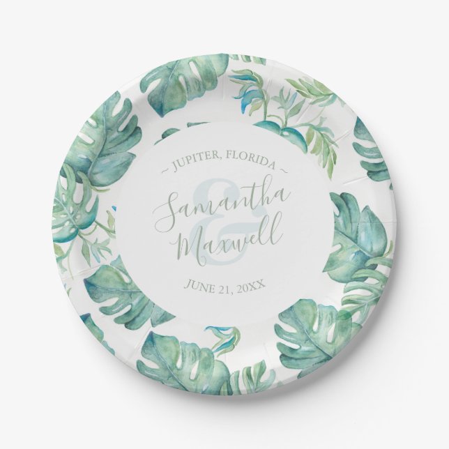 Assiettes en papier pour mariage Tropical Greenery (Devant)