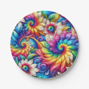 Assiettes en papier rétro tie-dye arc-en-ciel psyc