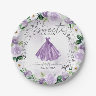 Assiettes en papier robe florale violette Sweet 16