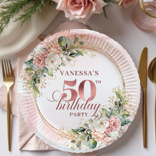 Assiettes en papier Rose Gold Blush Floral 50e Ann