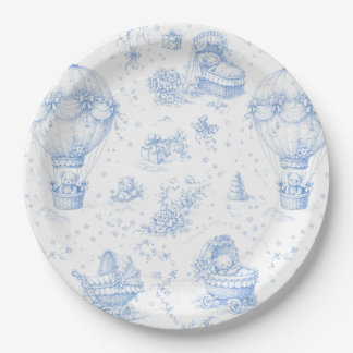 Assiettes en papier Toile de Jouy bleue pour Baby