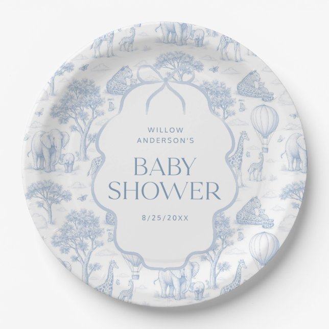 Assiettes en Papier Toile De Jouy Safari Bleu Baby (Devant)