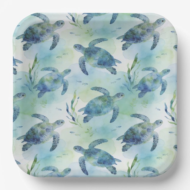 Assiettes en papier Tortue, Tortue de mer à l'aqua (Recto)