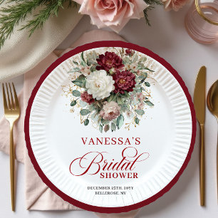 Assiettes en papier vintage florales bordeaux pour