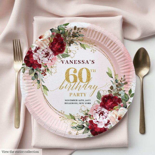 Assiettes Fleuries Classiques Bourgogne pour les 6 (Classic Burgundy Blush Floral 60th Birthday Plates)