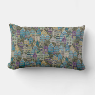Assorted-colour buildings painting lumbar pillow