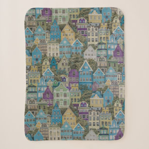 Assorted-colour buildings painting sherpa blanket
