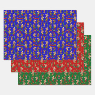 Assorted Colour Reindeers with Bells and Wreaths Wrapping Paper Sheet