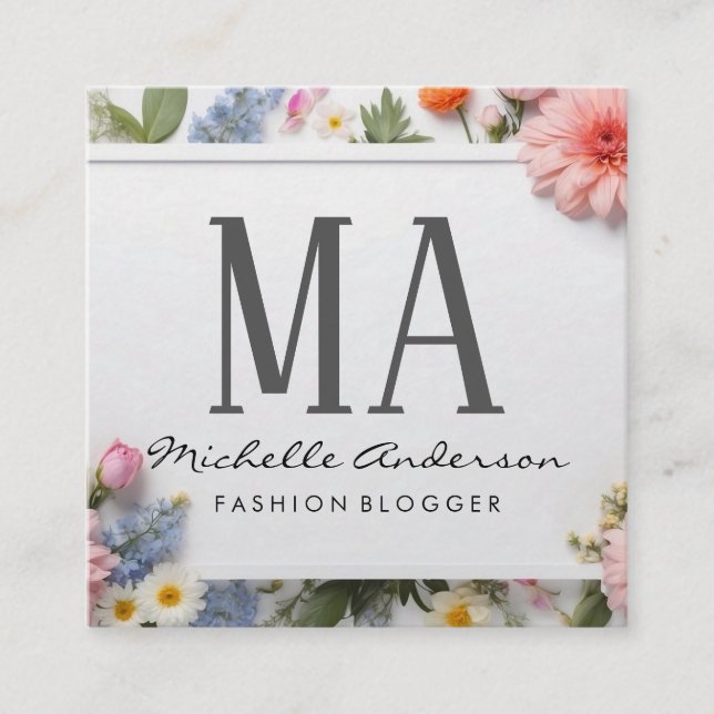 Assorted Colourful Flowers | Monogram Square Business Card (Front)
