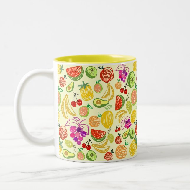 Assorted Fruit Doodle Pattern Two-Tone Coffee Mug (Left)