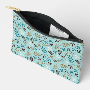 Assorted Leaves Pattern Teals Cream Brown Gold Accessory Pouch