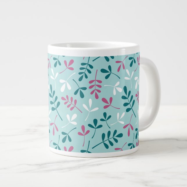 Assorted Leaves Pattern Teals Pink White Large Coffee Mug (Front Right)