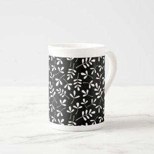 Assorted Leaves Pattern White on Black Bone China Mug