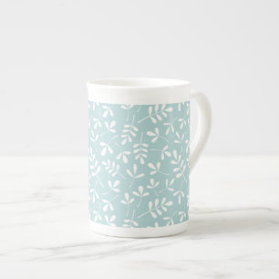 Assorted Leaves Pattern White on Duck Egg Blue Bone China Mug