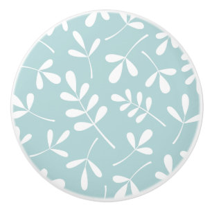 Assorted Leaves Pattern White on Duck Egg Blue Ceramic Knob