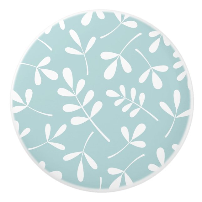 Assorted Leaves Pattern White on Duck Egg Blue Ceramic Knob (Front)
