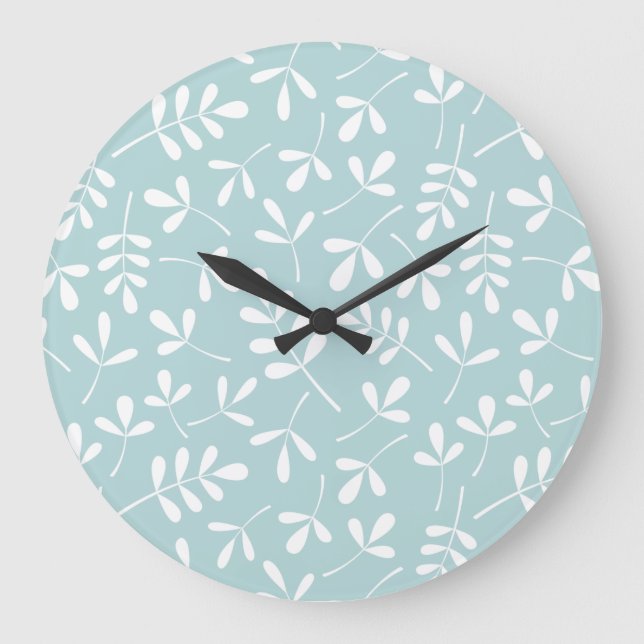 Assorted Leaves Pattern White on Duck Egg Blue Large Clock (Front)