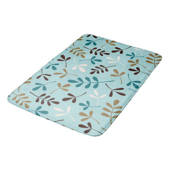 Assorted Leaves Teals Cream Gold Brown Ptn Bath Mat (Angled)