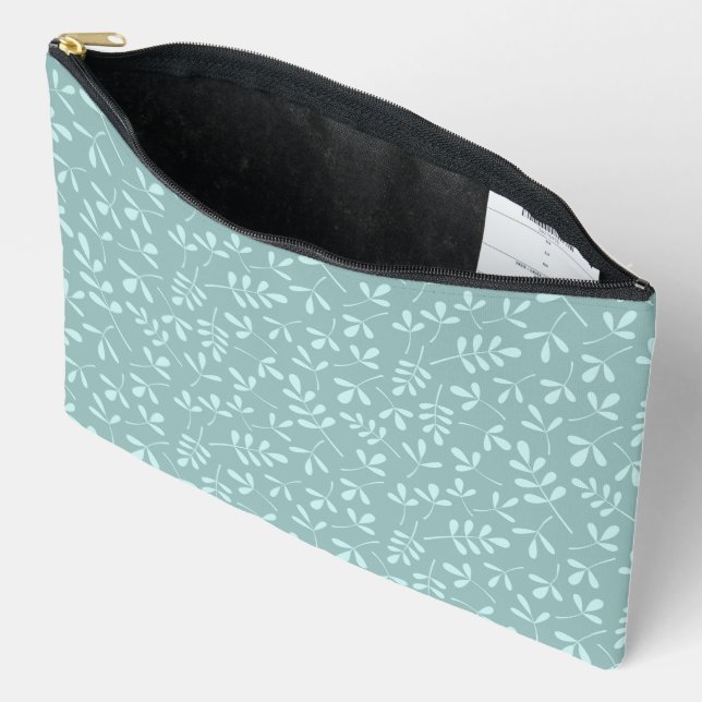 Assorted Light on Mid Teal Leaves Pattern Accessory Pouch (Open)