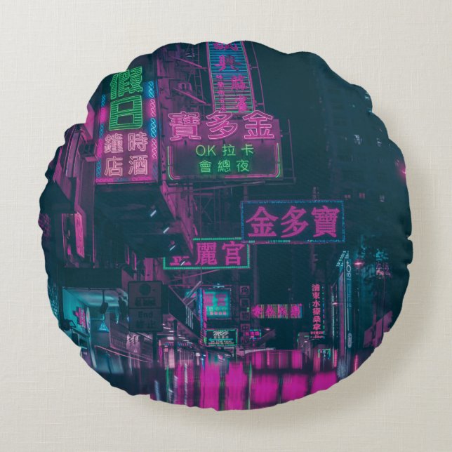 ASSORTED NEON LIGHT SIGNAGE ON STREET DURING NIGHT ROUND PILLOW (Front)