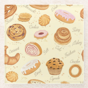 Assorted Pastries: Tasty Seamless Pattern. Glass Coaster