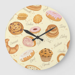 Assorted Pastries: Tasty Seamless Pattern. Large Clock