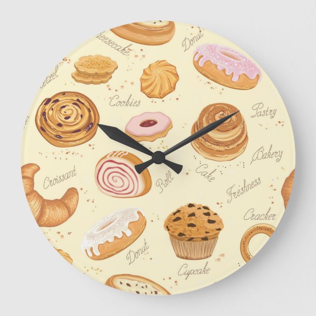 Assorted Pastries: Tasty Seamless Pattern. Large Clock (Front)