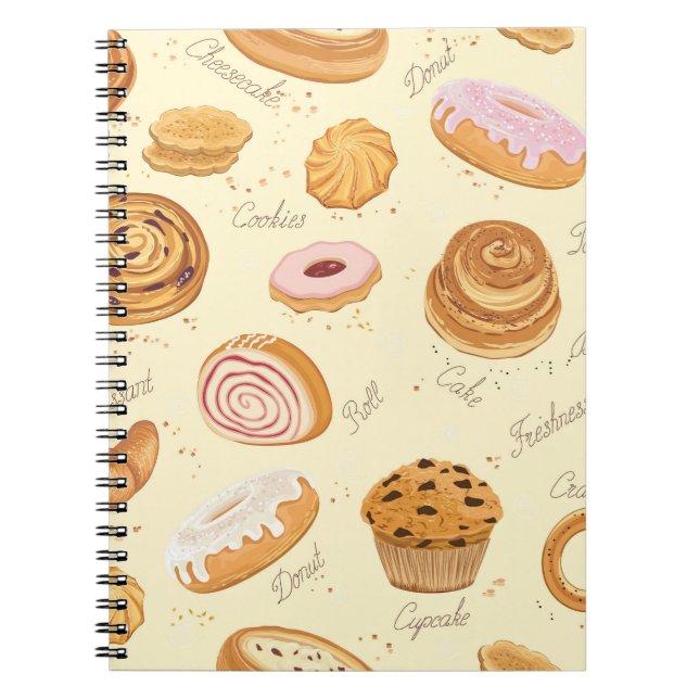 Assorted Pastries: Tasty Seamless Pattern. Notebook (Front)