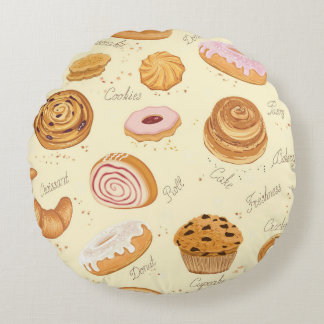 Assorted Pastries: Tasty Seamless Pattern. Round Pillow